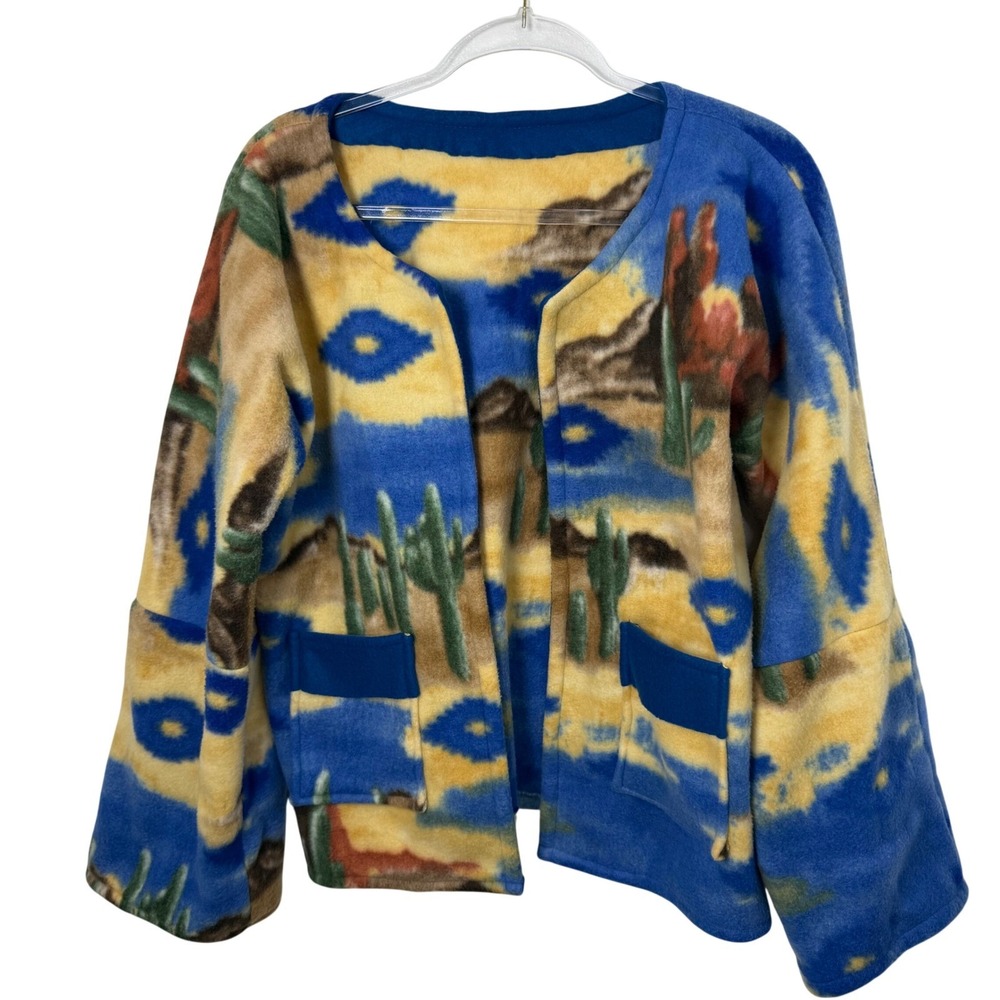Vintage Southwest Desert Cactus Fleece Jacket Open Front Blue Yellow Small